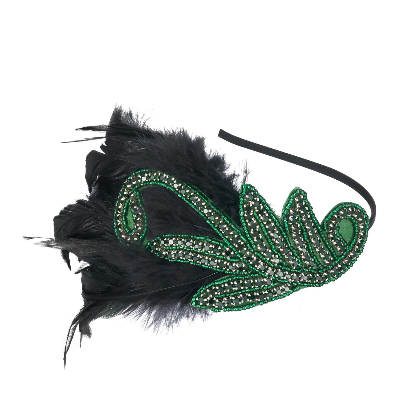 SWEETV 1920s Flapper Headband Vintage Roaring 20s Great Gatsby Feather Headpiece Hair Accessories for Women(Green)