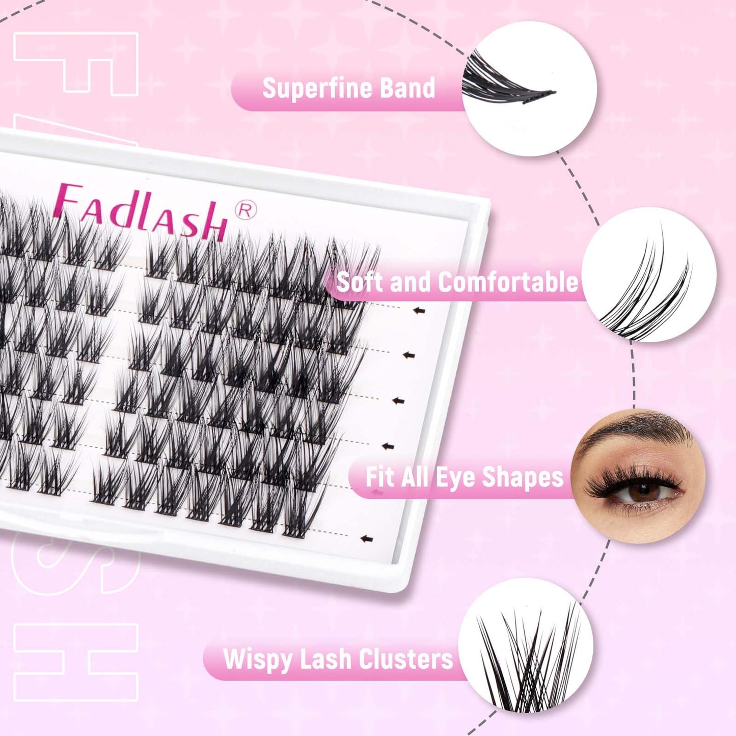 FADLASH Cat Eye DIY Lash Extension Kit Lash Clusters Kit Individual Lashes with Lash Bond and Seal Lash Tweezers Cluster Eyelash Extensions Kit Eyelash Clusters Wispy Cluster Lashes Natural (KIT T02)