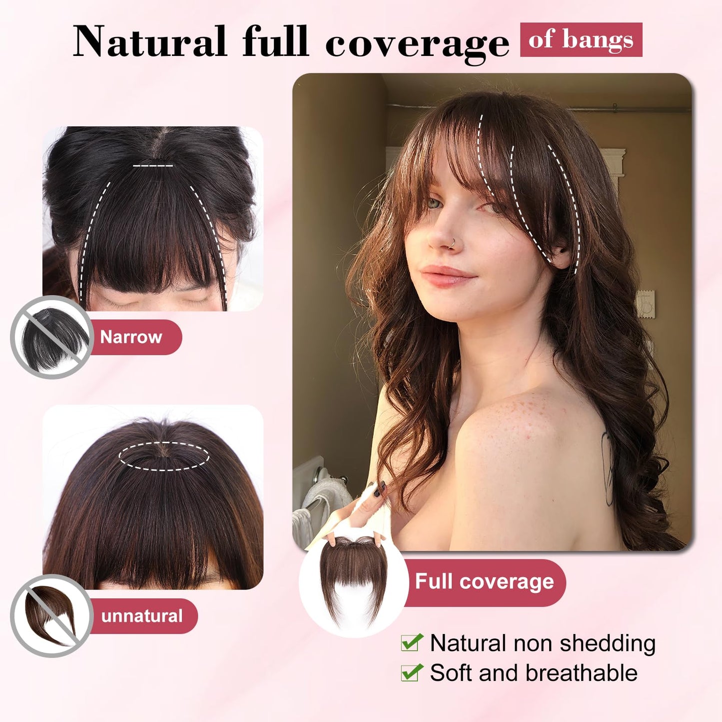 QGZ Clip in Bangs Hair Clip 100% Real Human Hair Clip on Bangs for Women 3 Secure Clip in Hair Extension Natural Full Coverage Thick French Fake Bangs (Dark Auburn Brown)