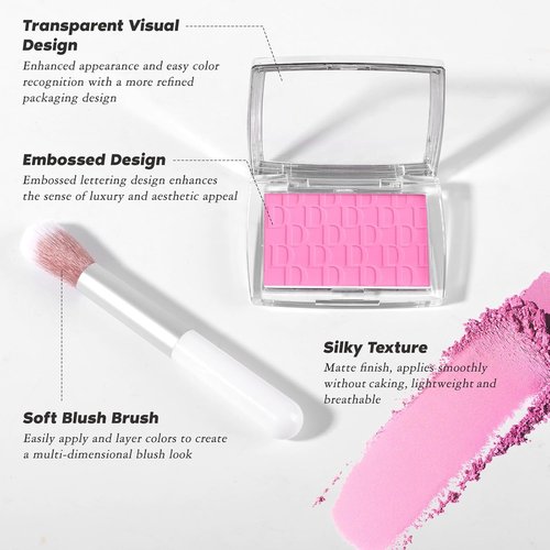 Pink Blush | Matte Powder Blush for Cheeks with Brush - Silky, Lightweight Formula, 001#