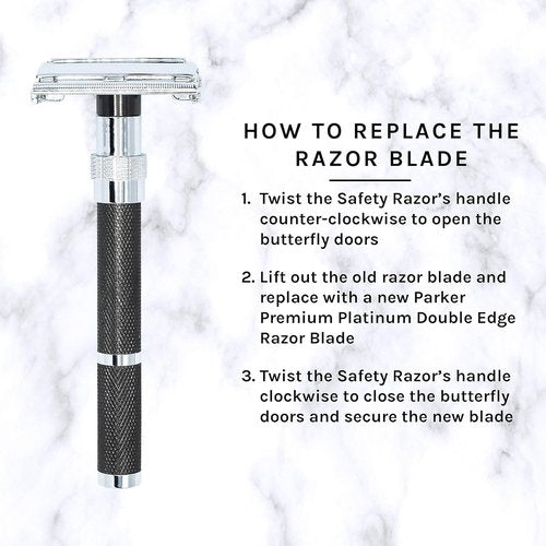 Parker 96R Graphite Gray Butterfly Safety Razor - Long Handle with 5 Premium Blades Included