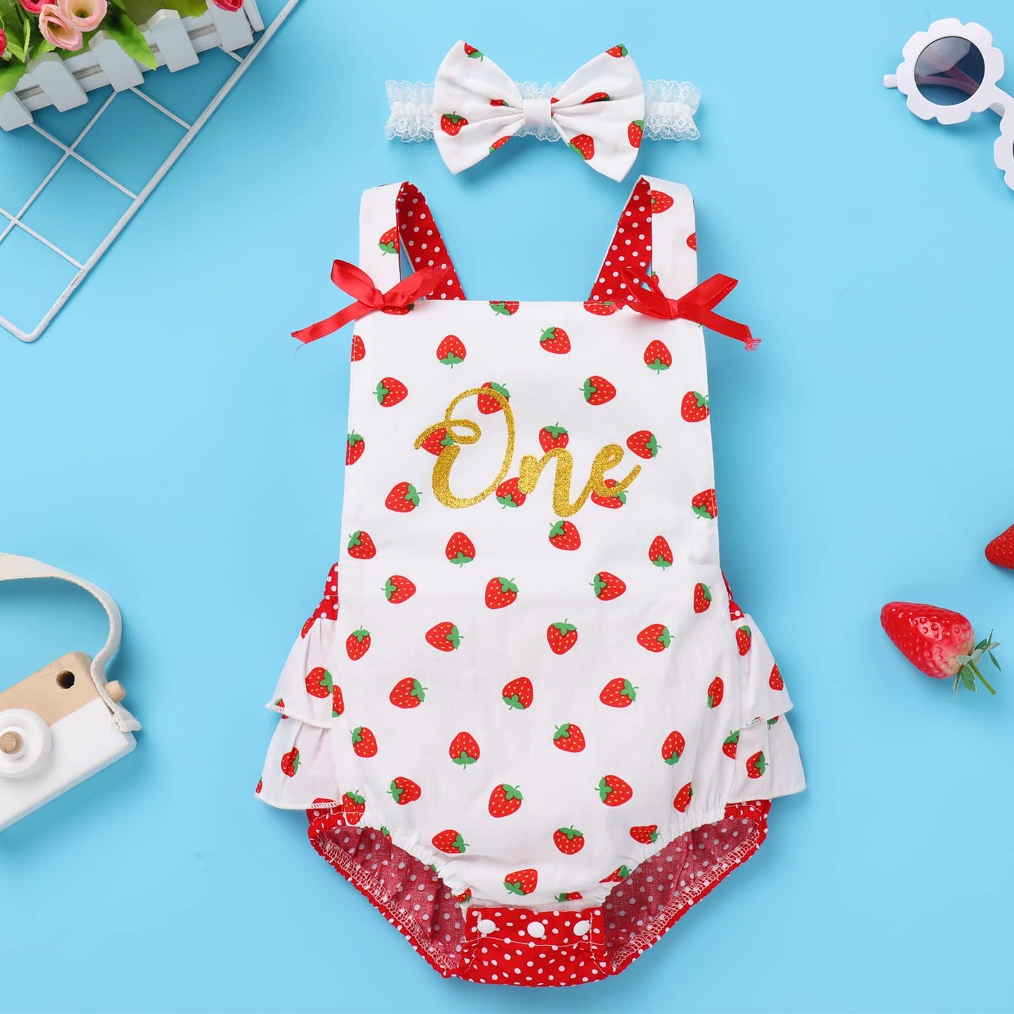 Infant Newborn Baby Girl Romper Toddler First Birthday Cake Smash Outfits Strawberry Polk Dot Print Bubble Romper Photography Outfits Easter First Communion Onesie Red-Strawberry (2PCS) 12-18 Months