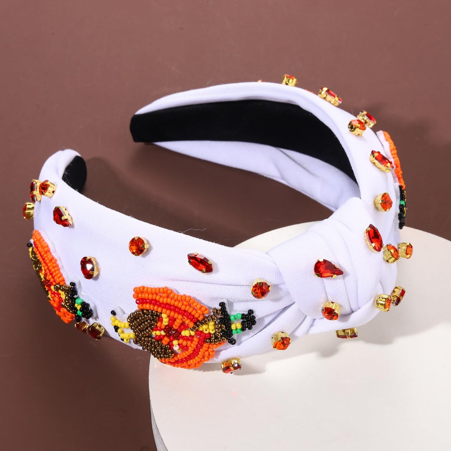 mokkia Thanksgiving Headband Fall Accessories for Women Beaded Turkey Maple Leaf Pumpkin Knotted Headband Jeweled Rhinestone Pearl Top Knot Headband Autumn Fall Outfit Gifts