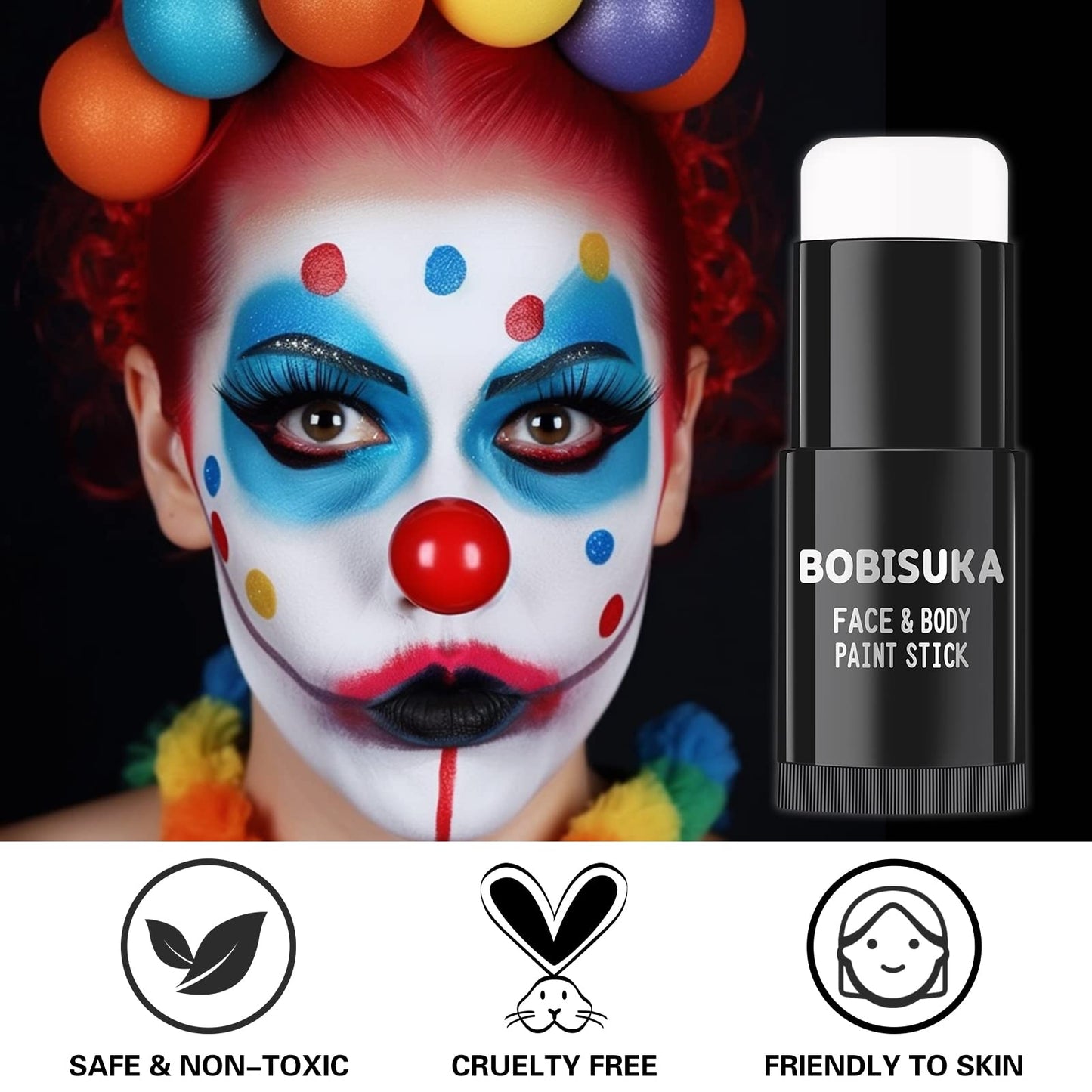 BOBISUKA Face Body White Paint Stick, Clown Makeup Eye Black Sticks for Sports, White Foundation Face Painting Kit for Halloween Skeleton Vampire Mime Skull Joker Special Effects Cosplay SFX Costume