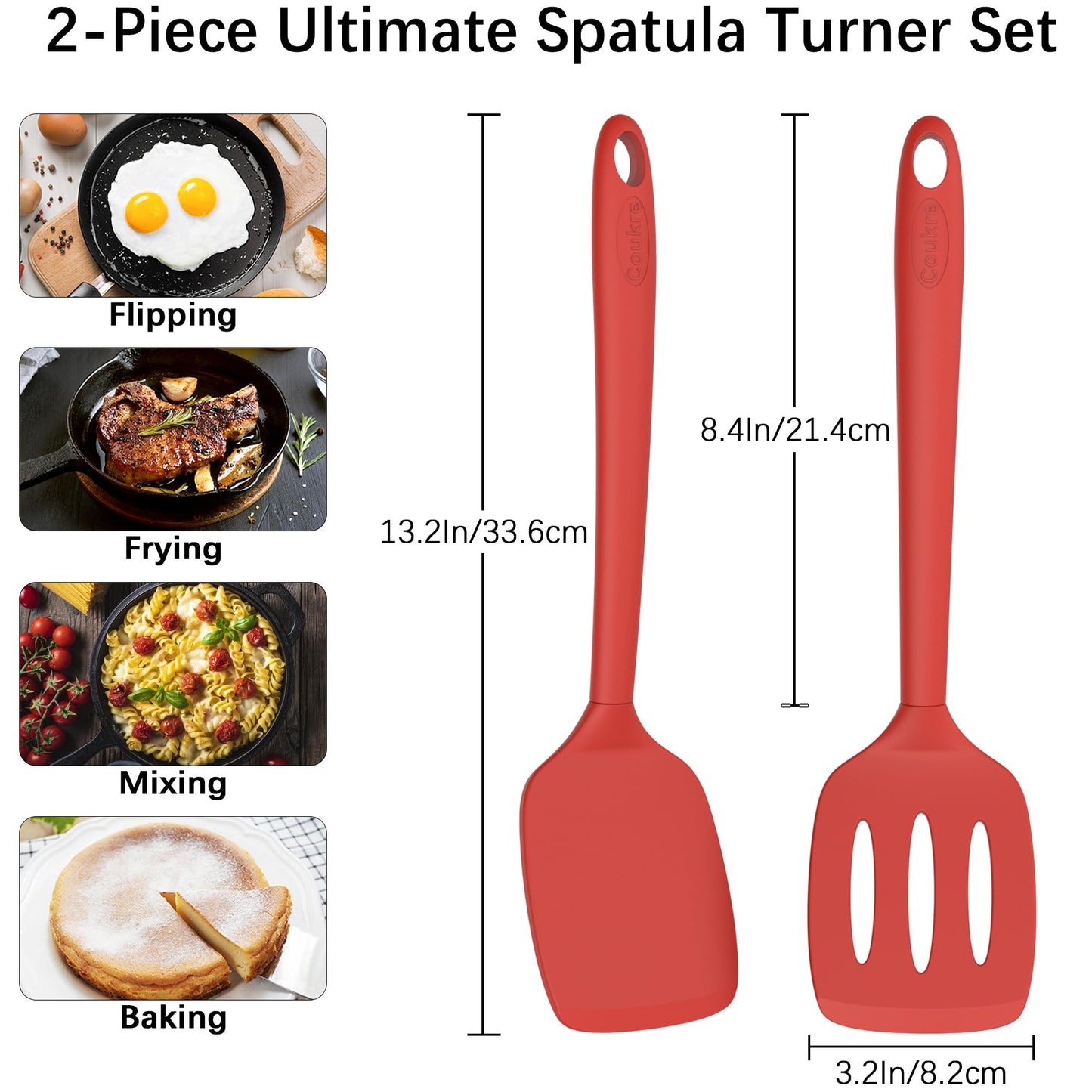 Coukre 2 Pack Silicone Spatula Set, High Heat Resistant, BPA Free Kitchen Spatula, Solid & Slotted Turner for Non-Stick Pans, Sautéing, and Flipping (2, AquaGreen)