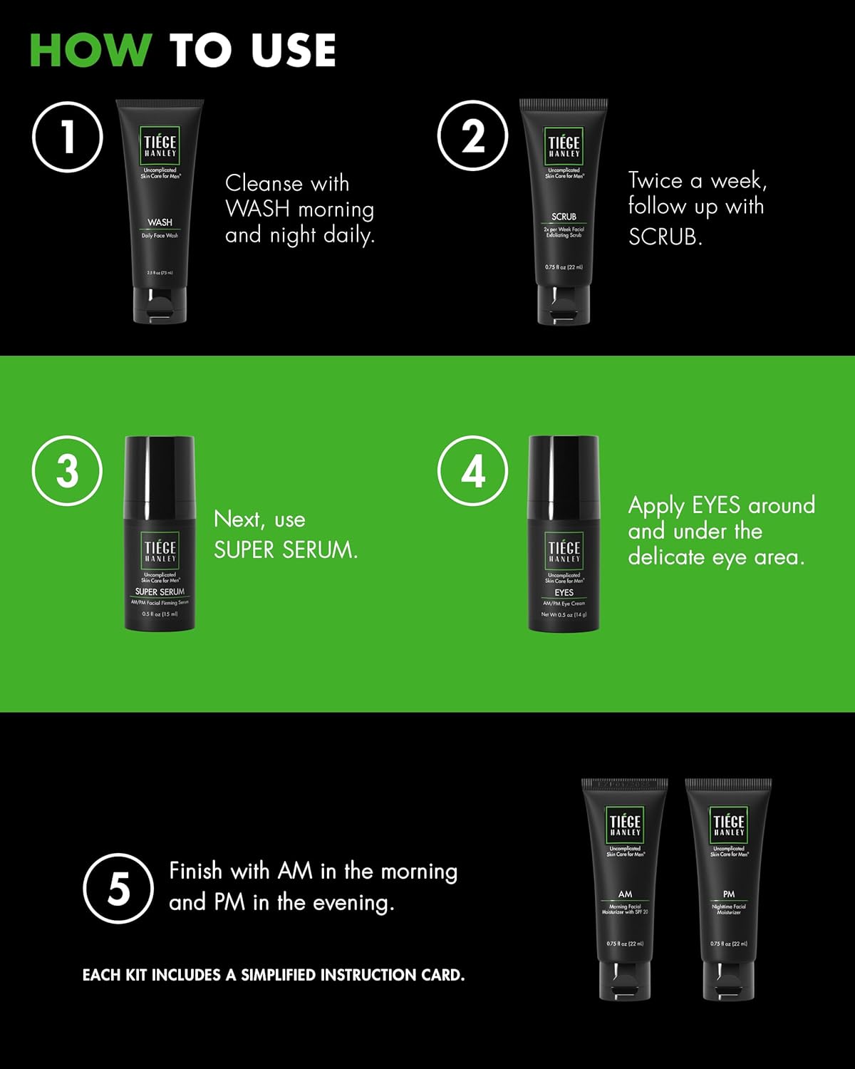 Tiege Hanley Skin Care Set for Men - Anti-Aging Routine Level 3 | Daily Wash, Scrub, Moisturizers & Eye Cream