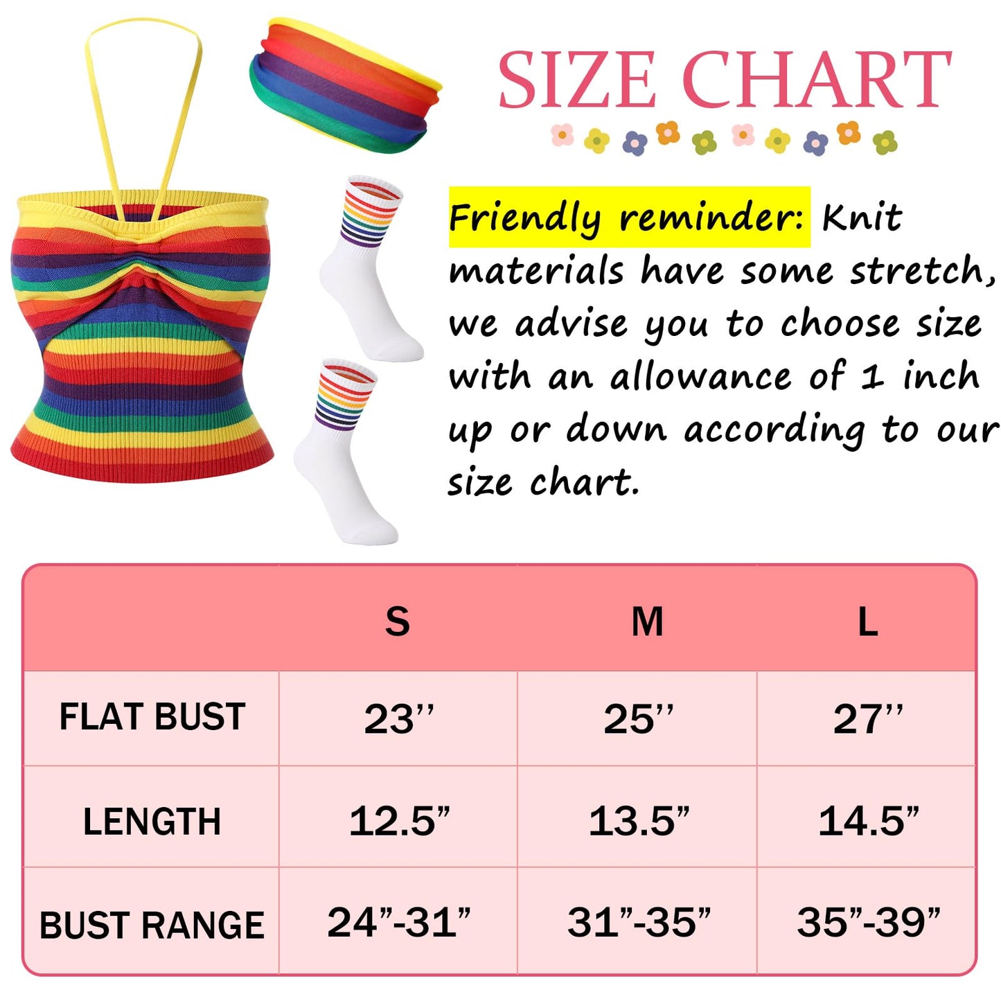 Cuffbow 4 Pcs Prides Parade Outfits, Rainbow Halter Backless Knitted Tank Top, Rainbow Hair Band and Rainbow Ankle Socks (Size M)