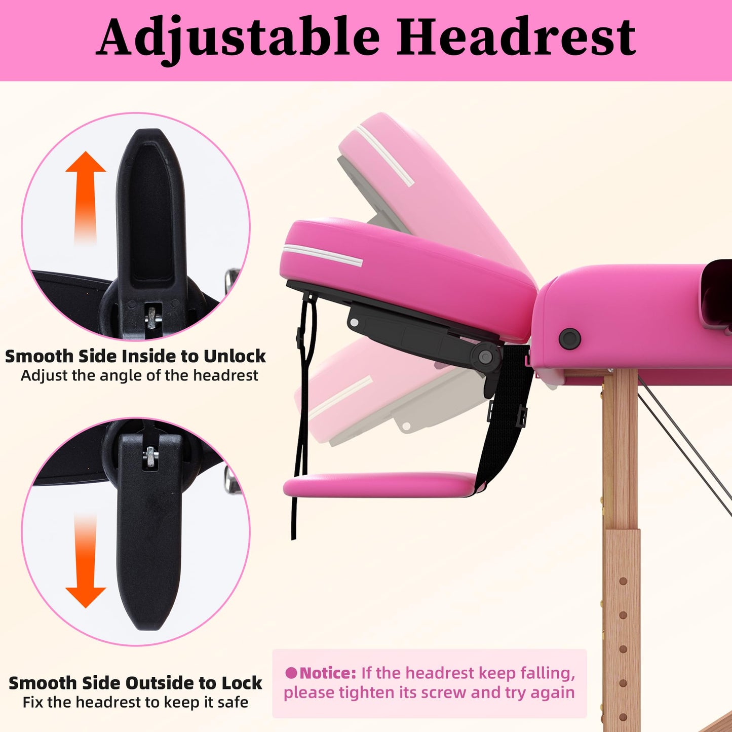 civama Massage Table Massage Bed Portable, 29 LBs Light Weight 2 Section Foldable Tattoo Bed Facial Care Spa Lash Bed Height Adjustable Sturdy Wooden Frame with Accessories Carrying Bag, Pink