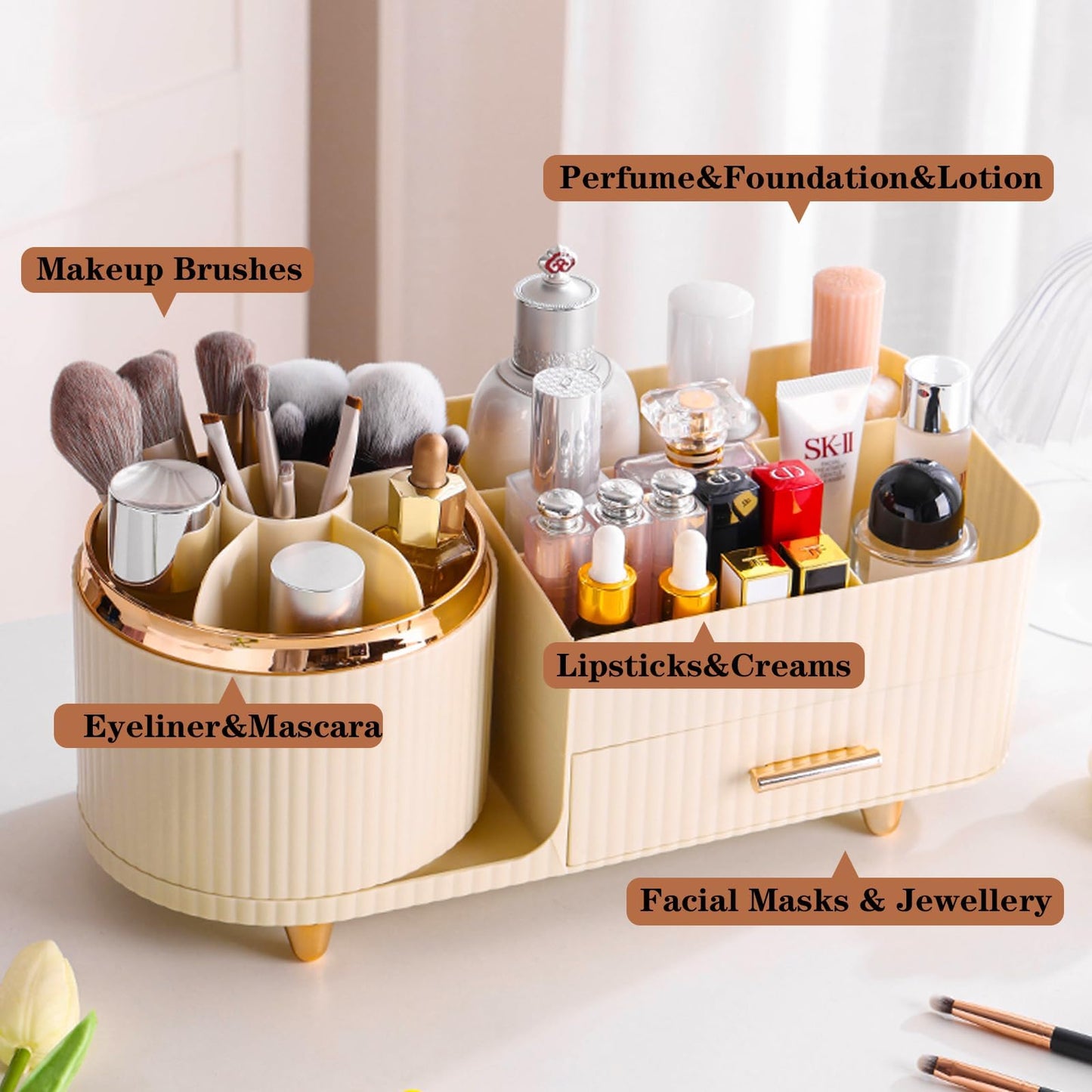 Rotating Makeup Organizer for Vanity with Brush Holder and Drawer, Cosmetic Makeup Storage, Large Spinning Makeup Skincare Organizer, Countertop Makeup Perfume Organizer, Lotions Display Case (Ivory)