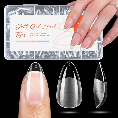 modelones Short Almond Nail Tips, Pre-shaped Soft Gel Tips Fake Nails False Acrylic Clear Full Cover Press on Extension Kit Gel Manicure DIY at Home 216PCS 12Sizes