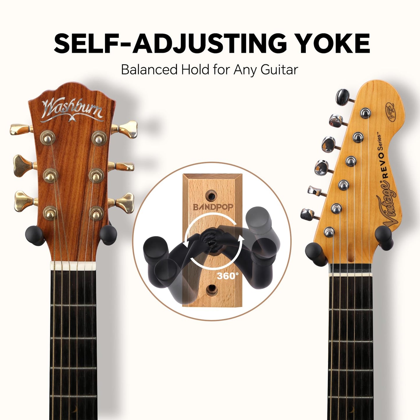 Bandpop Guitar Wall Mount - Solid Beech Wood Guitar Hanger with 5pcs Picks for Acoustic, Electric, Bass, Banjo, Mandolin