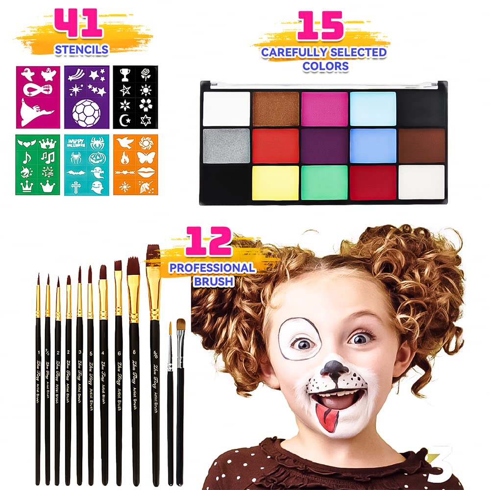 Face Painting Kit for Kids Adults, Water Activated Body Face Paint, 15 Colors Water Based Facepaints Makeup Palette 12 Pcs Brushes, Stencils, Non Toxic for Halloween Party Birthday Cosplay