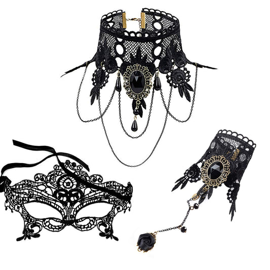 Halloween Jewelry set Vintage Vampire Black Lace Choker Necklace Mask Bracelet Punk Rock Necklace Gothic Lolita Necklace Collar Halloween Party Cosplay