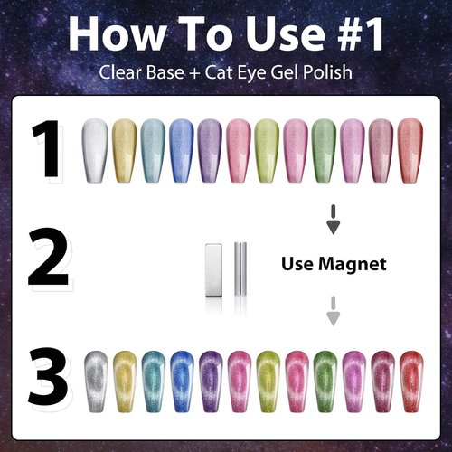 Clara Colors Cat Eye Gel Nail Polish Set - 12 Holographic Glitter Shades with 2 Magnet Sticks | DIY Home Manicure