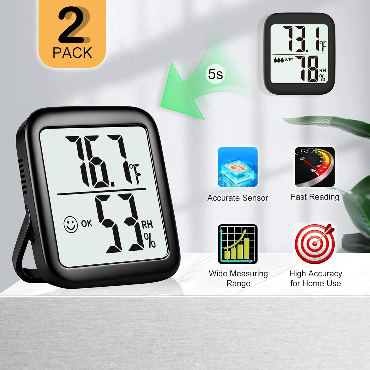 Antonki 2 Pack Room Thermometer for Home, Hygrometer Indoor Humidity Meter Gauge, Digital Temperature and Humidity Sensor Monitor for House, Terrarium, Incubator, Greenhouse - Battery Included