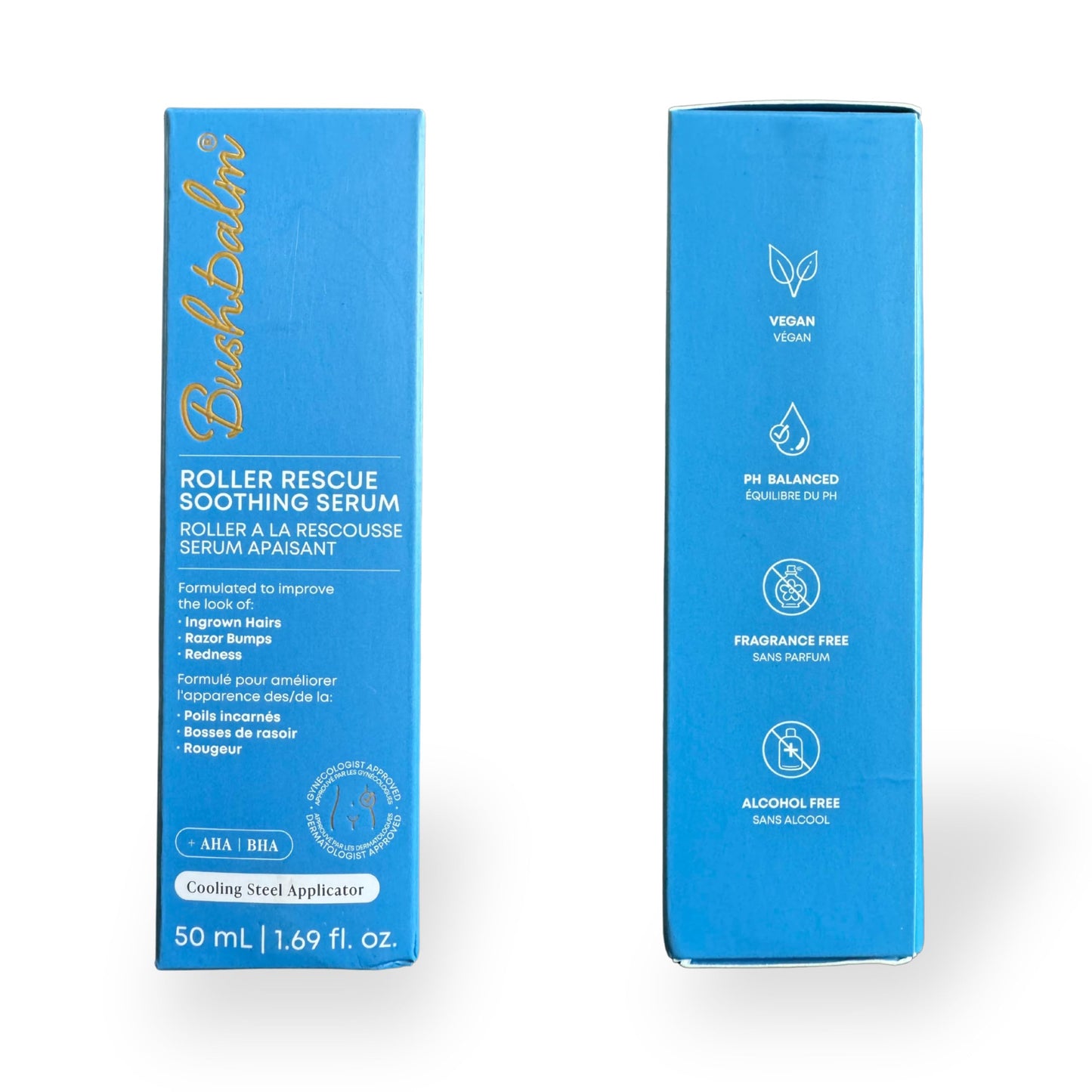 Bushbalm Ingrown Hair Roller Rescue And Nude Oil Bundle - Includes AHA & BHA - Exfoliating, Soothing, Cooling for Intimate Areas, Underarms - Helps With Razor Bumps and Ingrown Hairs, Blue (Bundle)