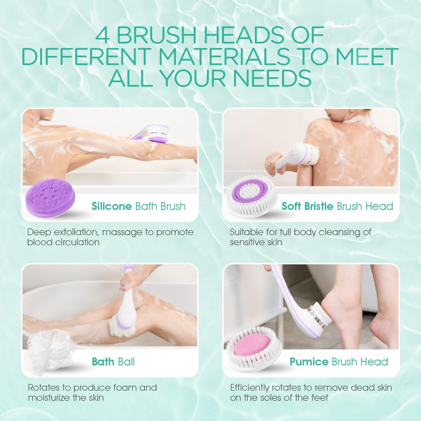 VOYOR Electric Body Brush Back Scrubber for Shower Rechargeable Exfoliating Bath Brush Powered Shower Brush with Non-Slip Long Handle Deep Cleansing, Exfoliation, Massaging Spin Brush BC100 (Purple)