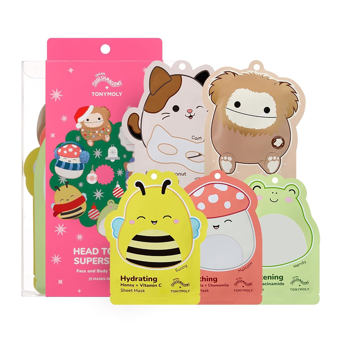 TONYMOLY x Squishmallows Head to Toe Mask Set - 5-Piece Hydrating & Soothing Holiday Gift Set | Face, Hand & Foot Masks