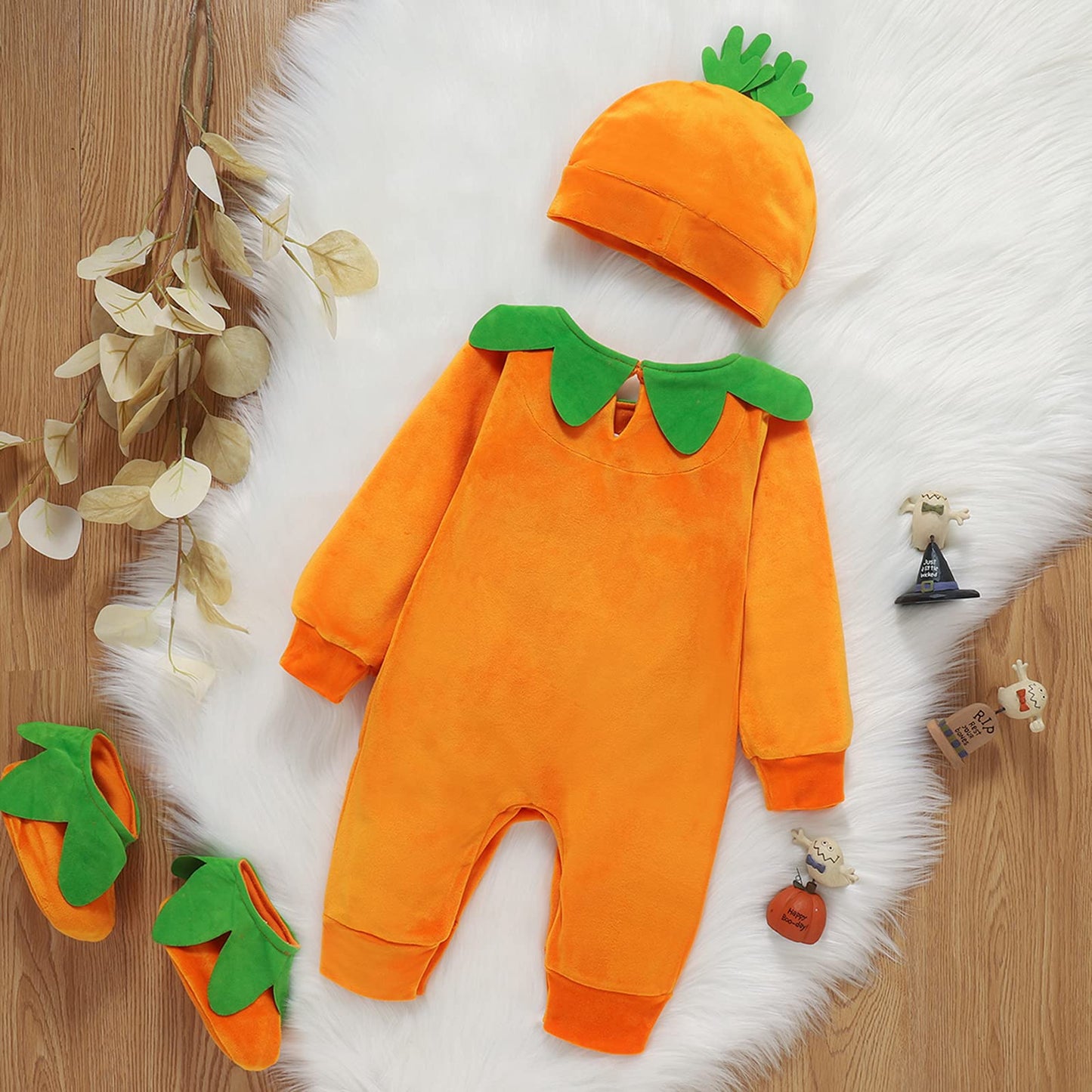 Toddler Baby Girls Boys Halloween Long Sleeve Pumpkin Face Pattern Romper+ Cap +Slipper Socks 3Pcs Outfits (Orange, 18-24 Months)