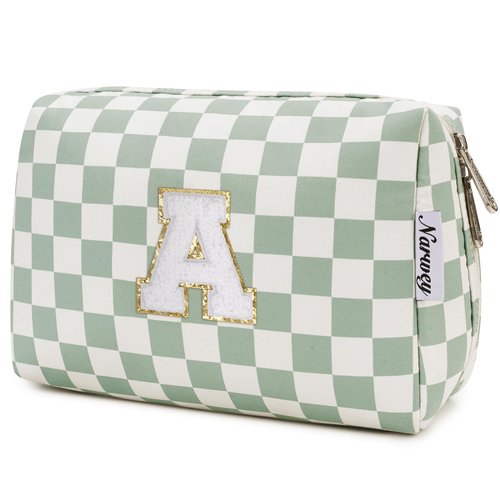 Narwey Easter Basket Gifts for Teen Girls kids Trendy Stuff 6 8 10 11 12 14 16 18 Years Old, Initial Makeup Bag, Personalized Cosmetic Toiletry Bag, Birthday Gifts for Tween Women (Green A)