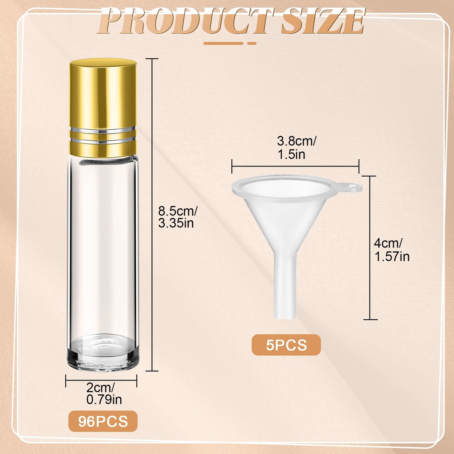 SEEWEY 96 Pcs Essential Oil Roller Bottles 10ml Empty Glass Roller Bottles with Stainless Steel Balls Protection Leakproof with 5 Funnel for Travel Perfume Lip Gloss(Clear, Gold Lid)