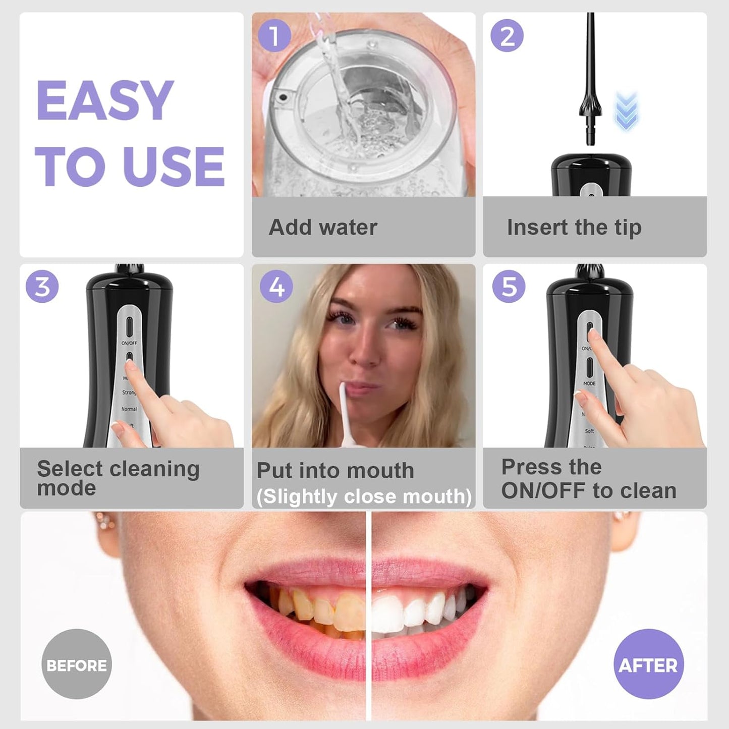 Skiennix 350ML Water Flosser - Cordless & Rechargeable, 5 Modes, 360° Nozzle, IPX7 Waterproof | Portable Black