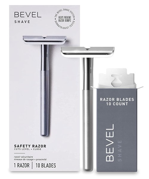 Bevel Safety Razor - Brass Weighted Handle & 10 Double Edge Blades for Coarse Hair - Silver