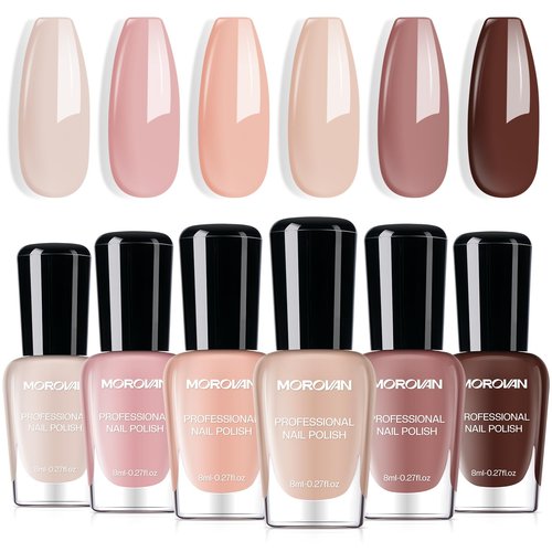 Morovan Nude Nail Polish Set: 6PC Neutral Pink Milky Skin Color Nail Polish Kit Pale Beige Cream Taupe Tan Brown Natural Mini Summer Manicurist Beautify Women Girls Gift