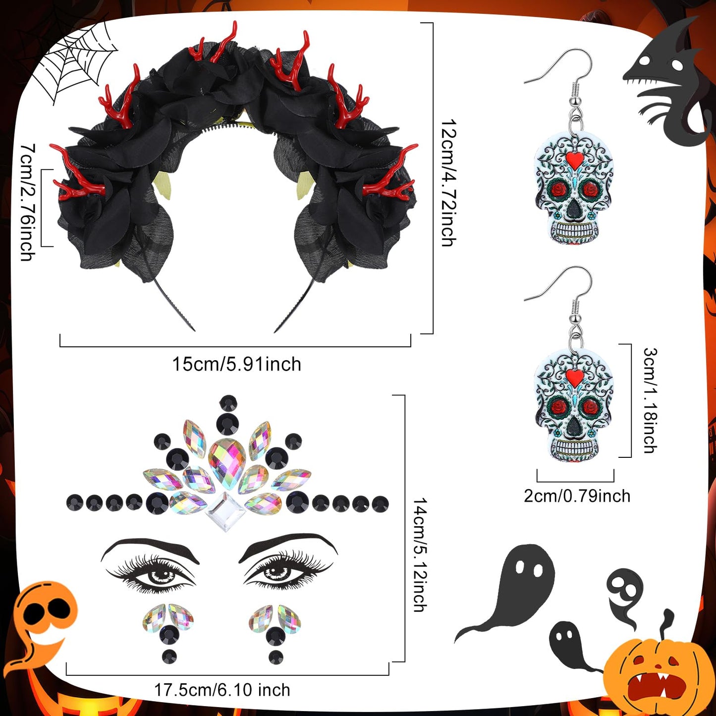 Riceshoot 3 Pcs Day of the Dead Costumes Accessories for Women Halloween Headbands Skull Earrings Gems(Black Hue)