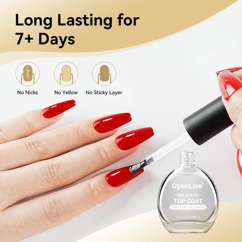 OpenLive 16.5ml Top Coat Clear Nail Polish, Quick Dry Nail Polish High Shine Long Lasting Glossy Fast Air Dry Top Coat for Nail Art Manicure Salon Quality | Clear, Glossy, Nail Art, Manicure