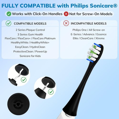 Philips Sonicare Replacement Toothbrush Heads - 8 Pack of Soft Gentle Bristles for Click-On Electric Toothbrushes (Black)