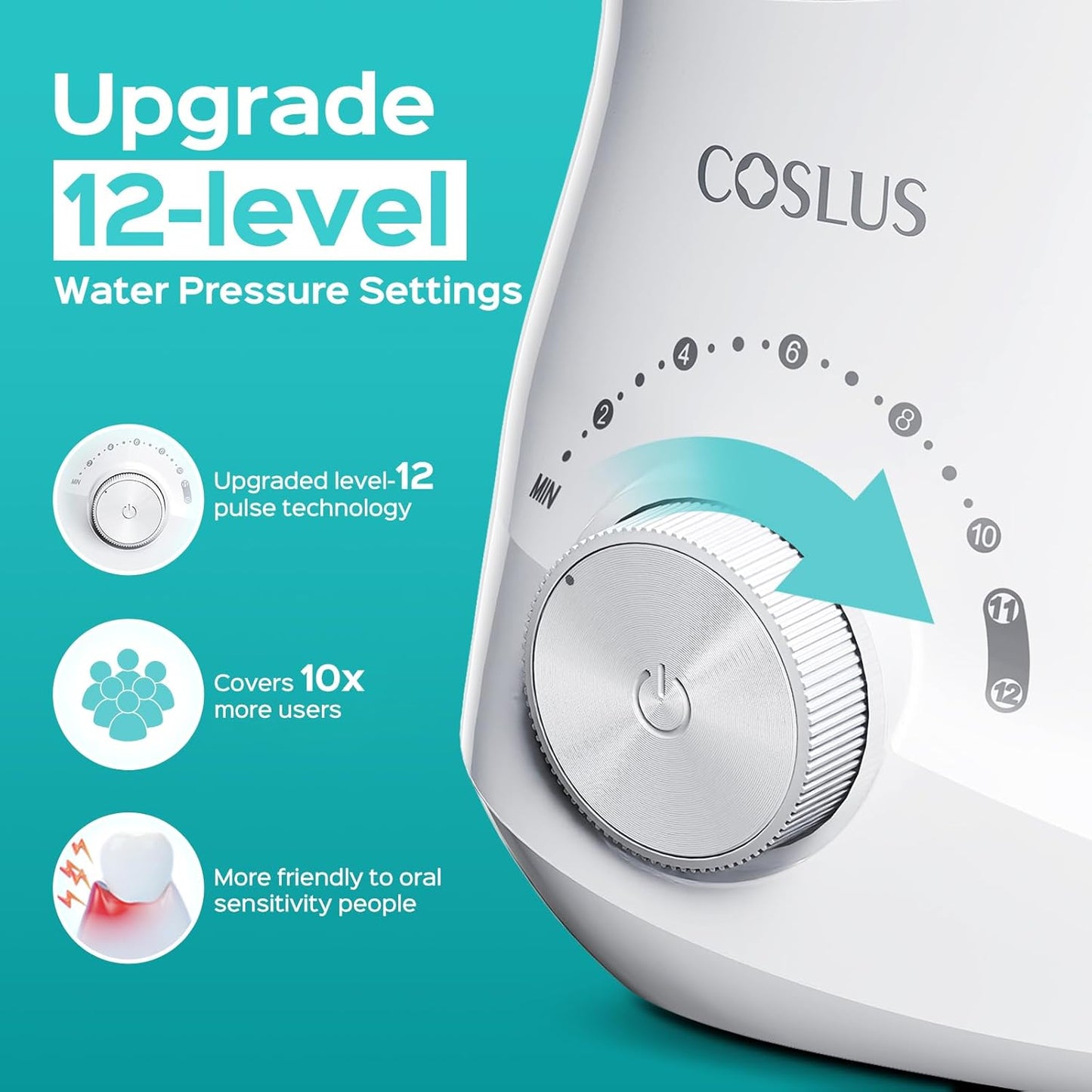 COSLUS E1 Electric Water Flosser - Professional Dental Pick for Orthodontics & Sensitive Gums | 12 Pressure Settings & 5 Tips, White