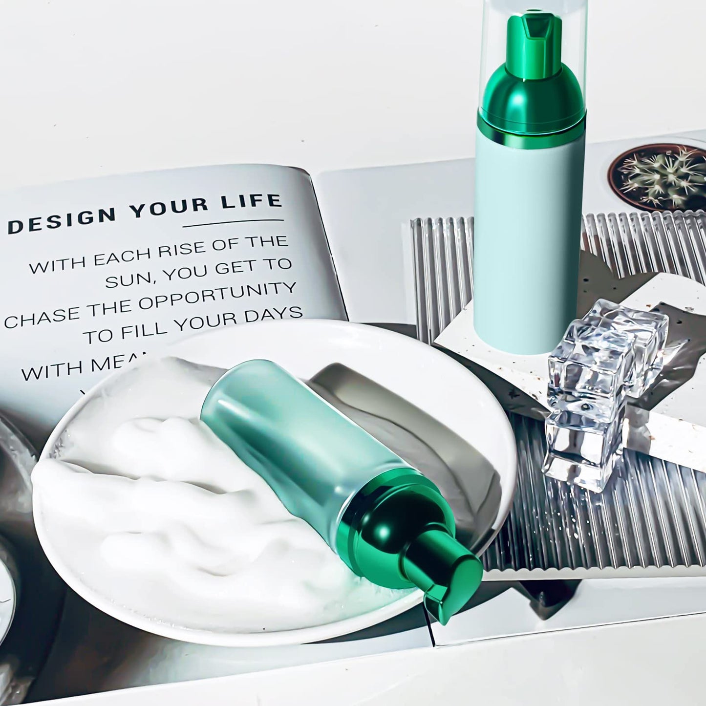 Lil Ray 2 Oz Empty Frosted Green Foam Pump Bottle, Travel Foamer Soap Dispenser for Lash Shampoo, Hand Soap, Foaming Cleaner(Green Pump, 12 PCS)