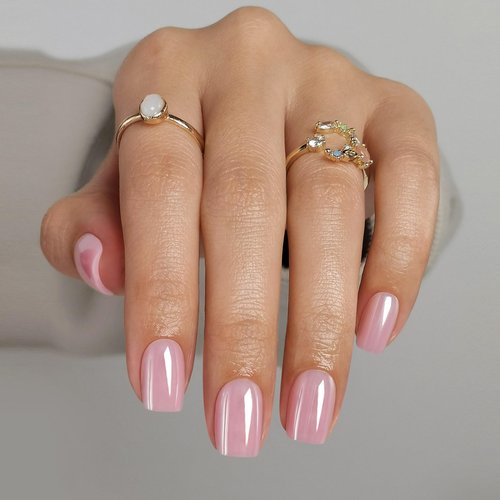 Pink Chrome Press on Nails Square - SHANGMENG Soft Gel Press on Nails Short for Women Gift, Glossy Stick on Nails with Glue in 16 Sizes - 32 Reusable Fake Nails, Aurora Light Pink
