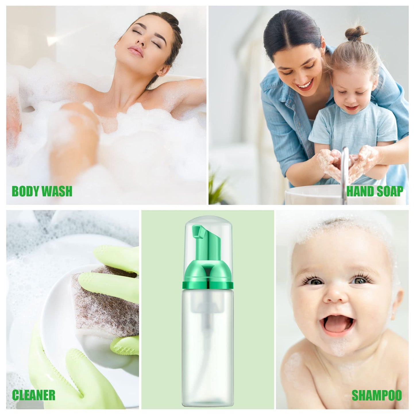 Lil Ray 2 Oz Empty Frosted Green Foam Pump Bottle, Travel Foamer Soap Dispenser for Lash Shampoo, Hand Soap, Foaming Cleaner(Green Pump, 12 PCS)