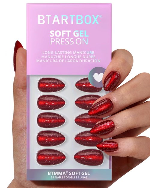 BTArtbox Press On Nails Short - New Red, Sparkle Deep Red Almond Press On Nails with Glue and Adhesive Tabs for Women in 16 Sizes - 32 Soft Gel Glue On Nails Kit