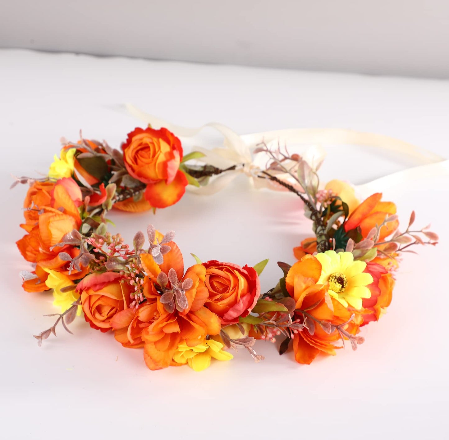 LLinfflr Women Flower Crown Bridal Floral Headband Hair Wreath Flower Headpiece Halo Boho Party Prom Wedding Photos Orange