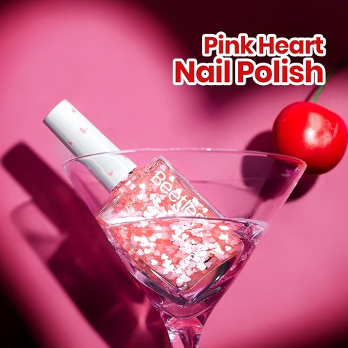 Beetles Easter Nail Polish - Pink Heart Glitter Top Coat | 15ml Long-Lasting Quick Dry Spring Art