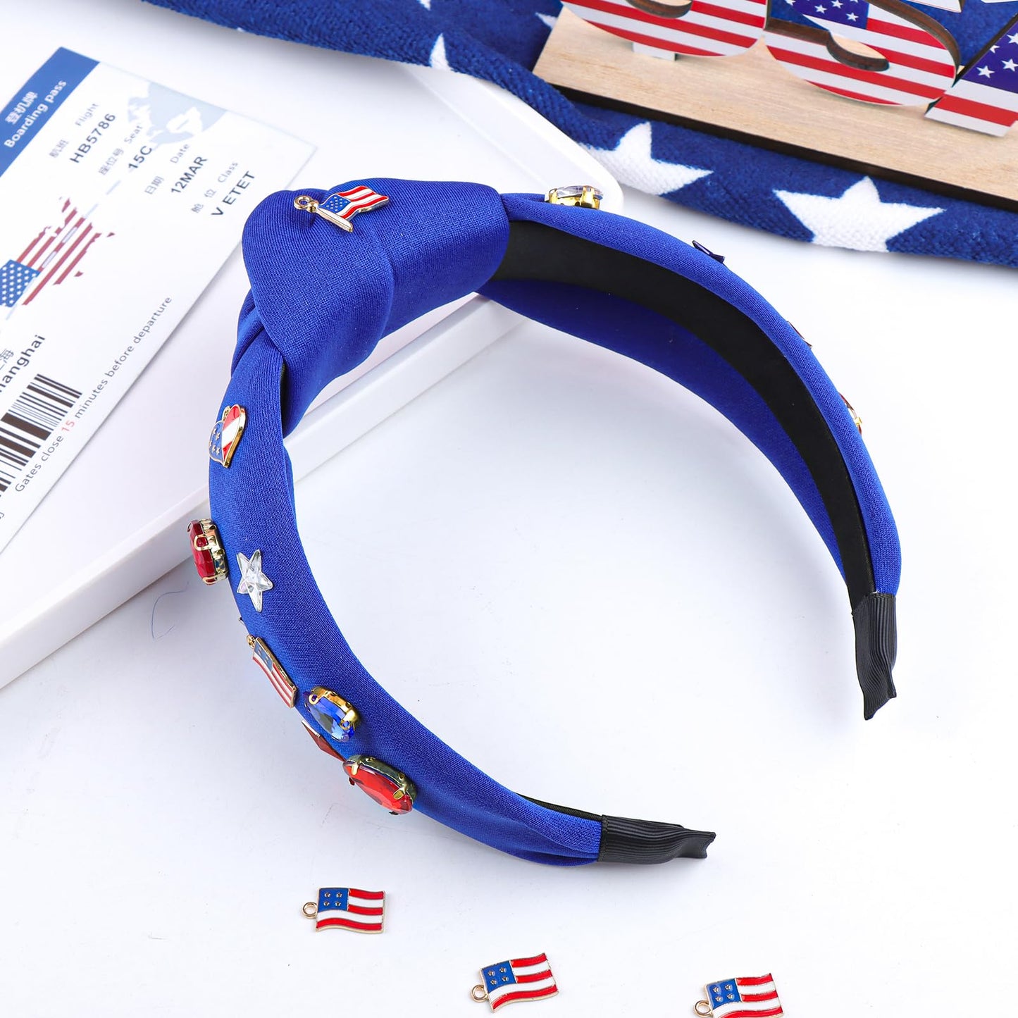 YanJie Patriotic Knot Headbands for Women 4th July Embellished Headbands Independence Day Gem Headband Beaded American Flag Hair Accessories Girls Gifts Blue