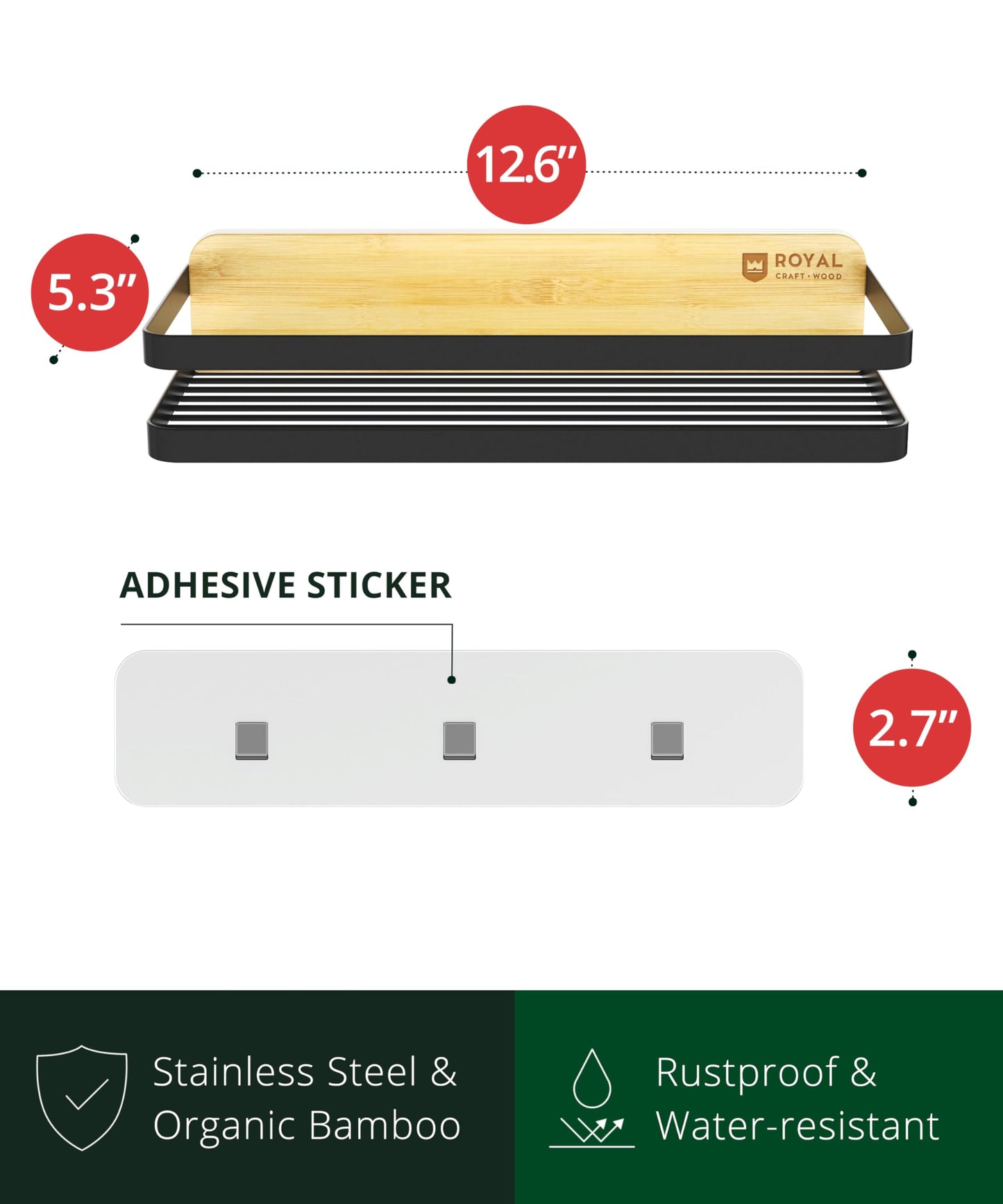 ROYAL CRAFT WOOD Shower Caddy Shelf 2-Pack - Adhesive, No-Drill, Rustproof Bathroom Organizer, Large Capacity Shower Shelves for Home & Bathroom Decor