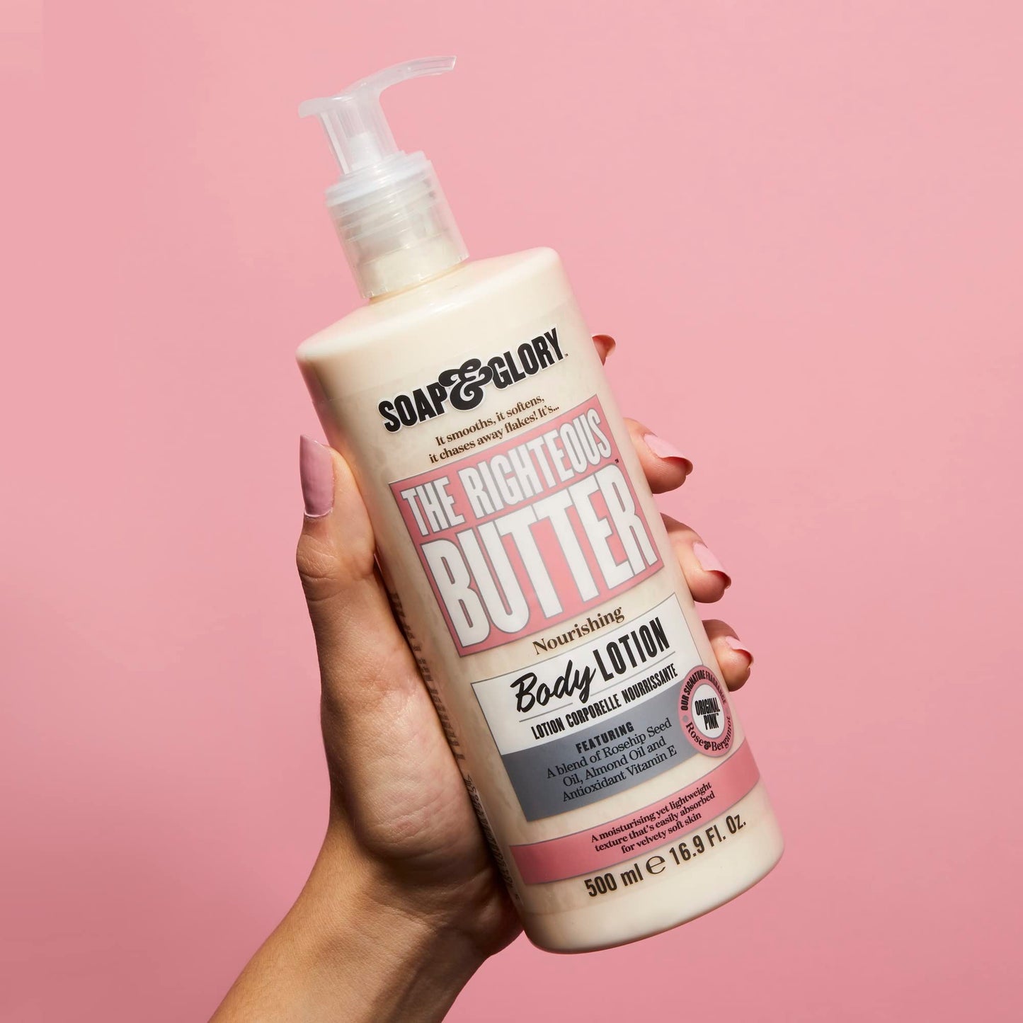 Soap & Glory Original Pink The Righteous Butter Moisturizing Body Lotion Pump - Shea Butter, Vitamin E & Aloe Vera Vegan Body Moisturizer - Rose & Bergamot Scented Lotion (500ml)