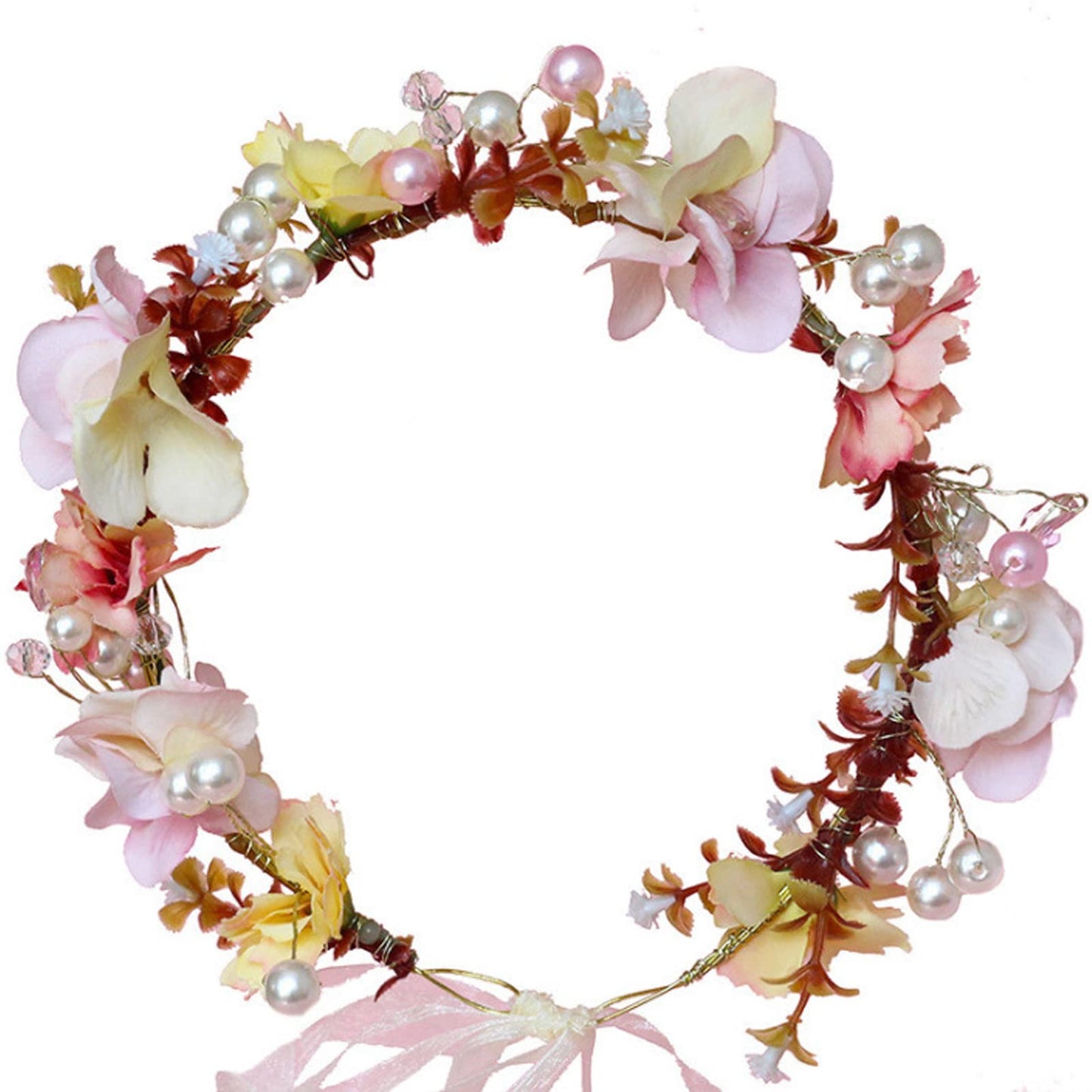 YnimioAOX Handmade Adjustable Flower Wreath Headband Halo Floral Crown Garland Headpiece,N8-pearl pink