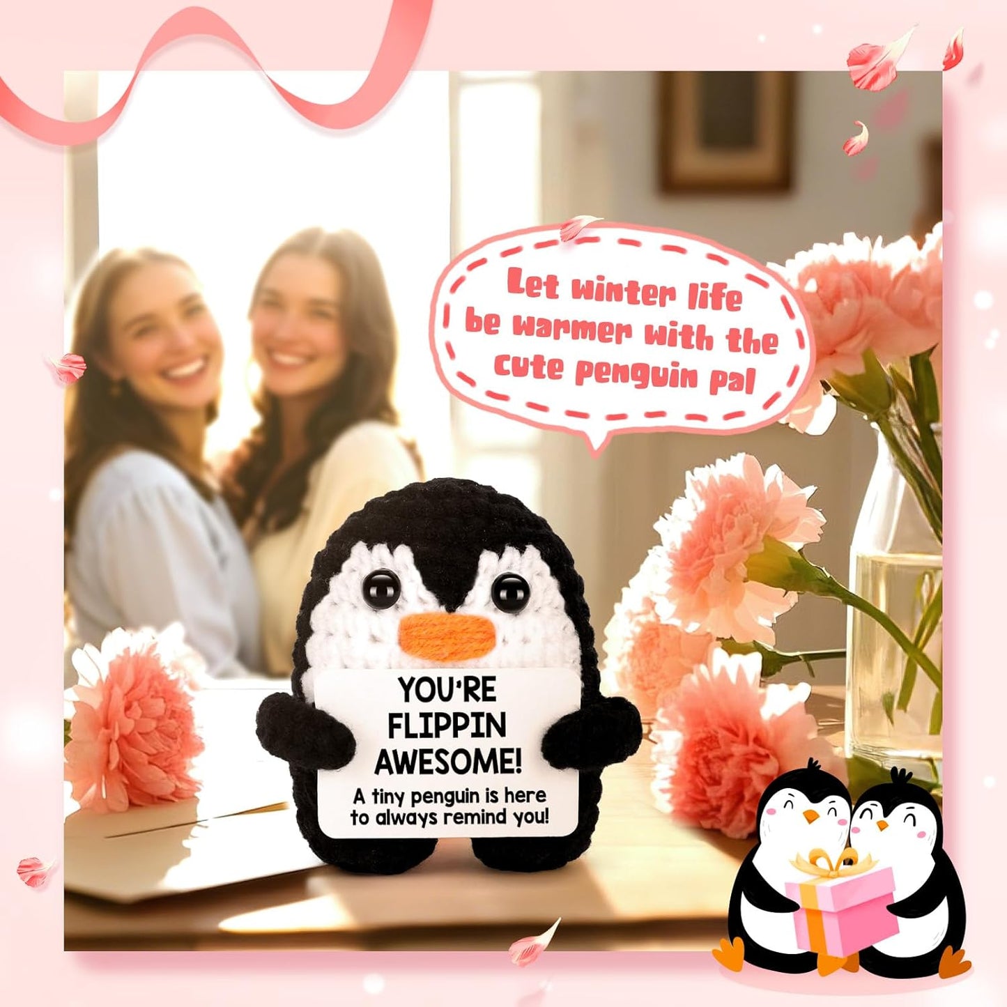 Positive Crochet Penguin, Mini Funny Brithday Galentines Valentines Gifts for Women Men Teens Boys Girls, Inspirational Appreciation Gifts for Coworker Friend Sister Her Him, Emotional Positive Decor