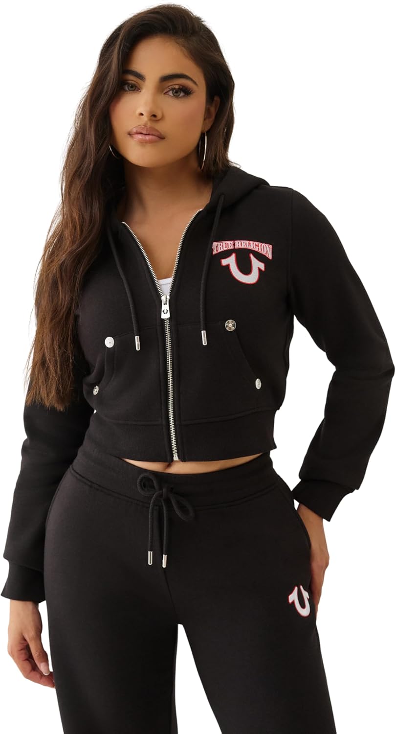 True Religion Women's Cropped Zip Hoodie - Embroidered Full-Zip Sweatshirt with Logo Stitching