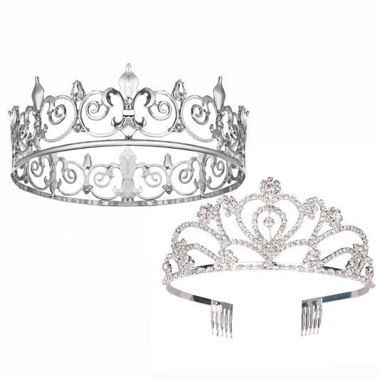 AMind4U 2PCS King and Queen Crown Set Metal Crown for Men and Women Crystal Tiaras for Girls Costume Accessories for Prom Wedding (Silver 3)