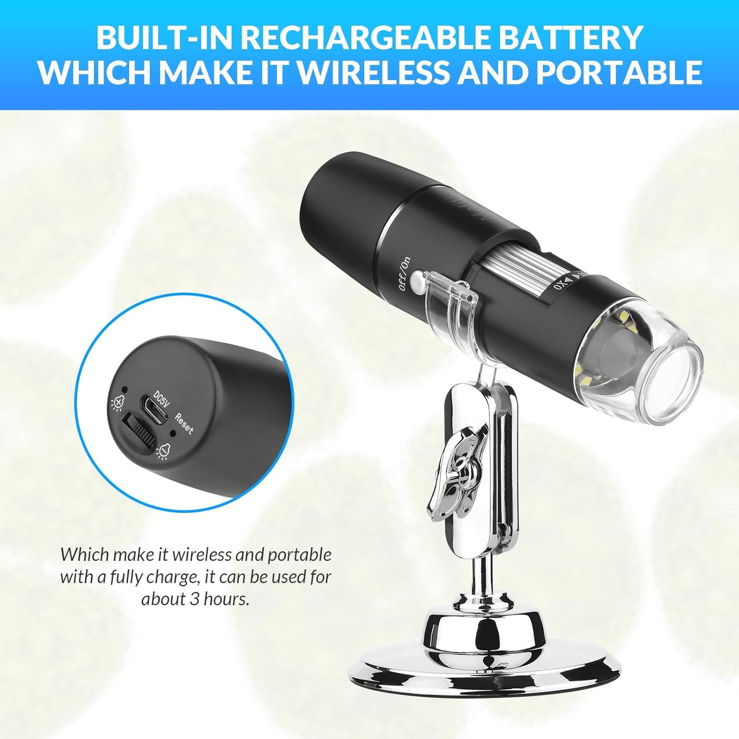 Skiennix Handheld Digital Microscope - Wireless & Portable 50x-1000x Magnification | 360° Rotating Stand for iOS/Android