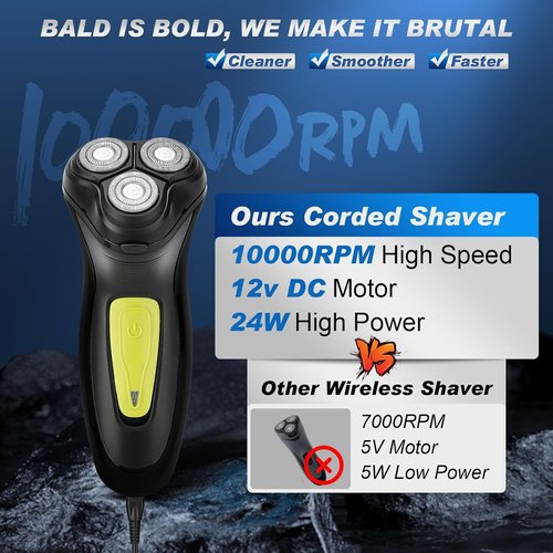 BlueFire Head Shaver for Bald Men - Corded 3D Electric Rotary Shaver with Pop-Up Trimmer | Yellow