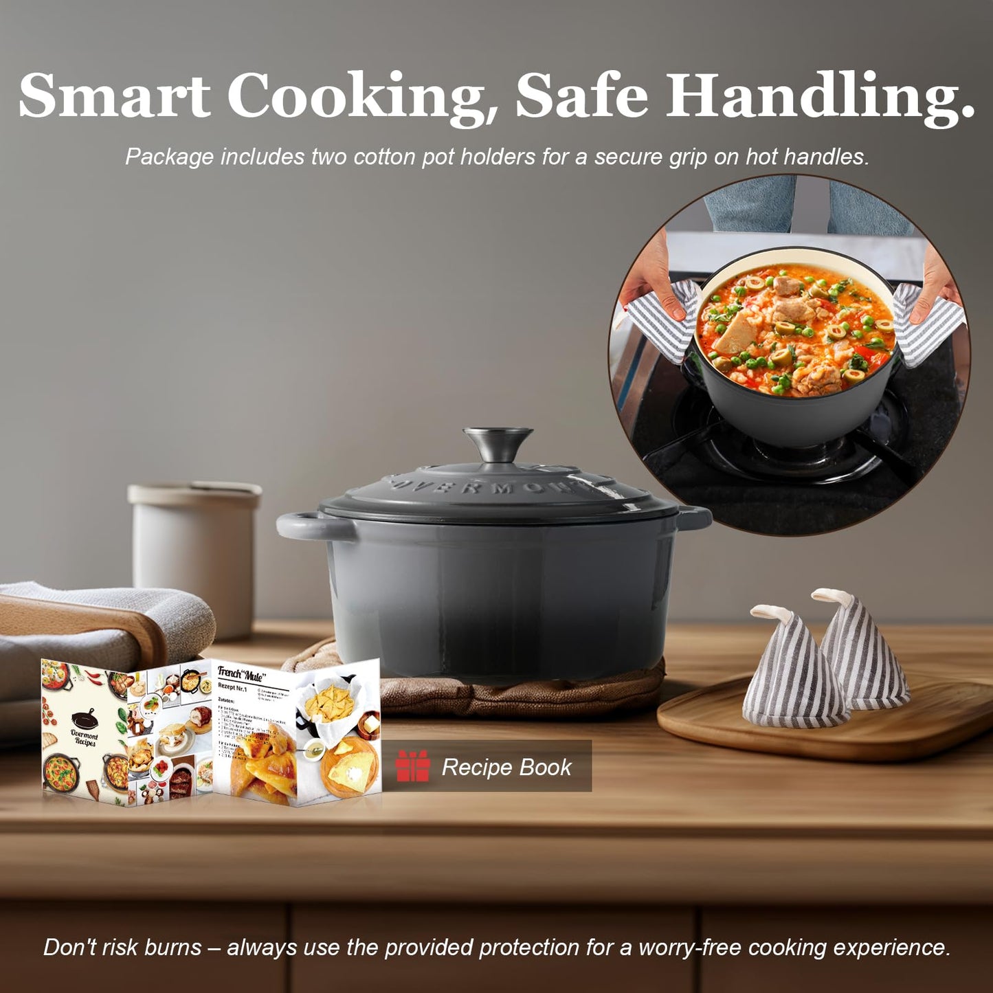 Overmont Enameled Cast Iron Dutch Oven - 4.5QT Pot with Lid Cookbook & Cotton Potholders - Heavy-Duty Cookware for Braising, Stews, Roasting, Bread Baking bottle green