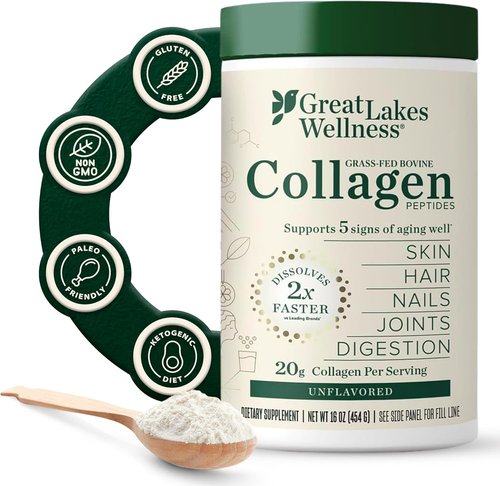 Great Lakes Wellness Collagen Peptides Powder - Hydrolyzed Collagen for Skin, Hair & Joints - Non-GMO, Keto, Kosher (16 oz, 22 Servings)