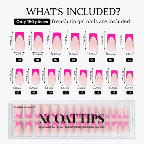 BTArtbox Nails Press-On Nails - Long Square French Tip in Bright Pastel Soft Gel | Soak Off Acrylic Extensions